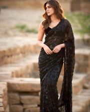 Georgette silk sequence saree indian bollywood party wear black sequin sari