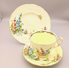 Crown Staffordshire Hollyhocks - Cup, Saucer & Plate Trio With Cobwebs 1930's