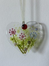 Hanging Decorative Hand Made Glass Heart With Floral Decoration