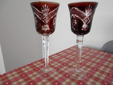 Vintage Pair of  Bohemian Czech Cranberry Cut-to-clear  Large Wine Glass  VGC
