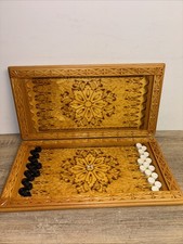 Vintage Carved Wooden Backgammon Long Nardy Board Game With Pieces 