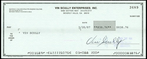 Vin scully signed check - scully, los