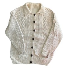 Vintage Wool Aran Knit Cardigan Fishermans Chunky Cable Sweater Womens Large