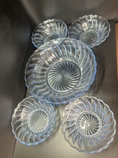 Vintage Manganese Glass Bagley Carnival Blue Serving Dish and 4 Matching Bowls