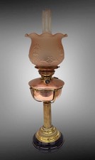 Antique Veritas Oil Lamp, Pink Shade, Copper Font, Brass And Black Base.
