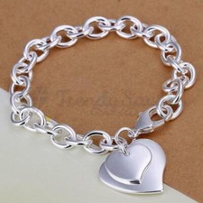 High Quality 925 Sterling Silver Double Heart Tag Curb Chain Bracelet Jewellery
