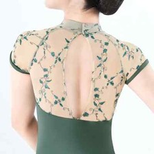 Ballet Leotards Embroidery Mesh Adult V Shape Women Dance Wear Stand Collar
