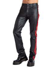 Honour Male Leather Trousers with Red Stripes in Classic Black
