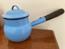 Vintage French blue enamel small pot/pan/jug with lid/wooden handle Shabby Chic 