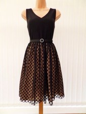 ELIZA J BLACK GOLD SHEER SPOT MESH NEW YORK STYLE 50'S COCKTAIL MIDI DRESS 14