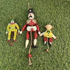 3 Vintage Wooden Hand Painted Movable String Puppet Toy