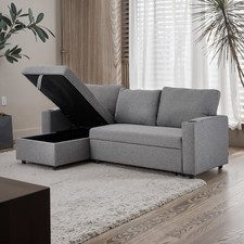 Grey Linen Sofa Bed - 7ft Pull-Out w/Storage Chaise (Hemp Fabric) Guest Bed Sofa