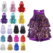 UK Girls Shiny Sequins Ballet Dance Leotard Dress Jazz Latin Party Dancewear 
