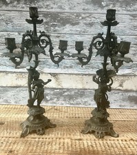 PAIR OF 1930s FRENCH CAST BRONZE CANDELABRAS TALL 50cm ANTIQUE FIGURINES
