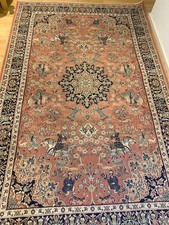 Vintage Persian Large Area Rug - Coral Pink & Navy, Mid Century