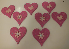 8 x Wooden  Hearts Pink Butterflies And Flowers 8.cm by 7.5.cm Free Postge.