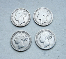 Four Victoria One Shilling Coins 1868-1885