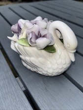 Porcelain Swan With Purple Flowers One Chipped 13cm Long 8cm Tall 7cm Wide