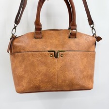 Bueno Brown Tan Floral Embossed Vegan Leather Medium Crossbody Satchel Handbag