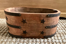 Rustic Primitive Metal Star Detail Small Wooden Oval Decorative Planter Pot Hold