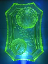 Art Deco Green Radium Glass Dressing Table Tray Trinket Dish Set 1930s Vanity