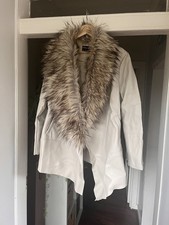 Lovely Quiz Stone Faux Leather Waterfall Jacket Size 12 Light Grey Faux Fur