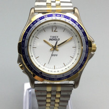 Vtg Timex Indiglo Compass Watch Men 37mm Silver Gold Tone New Battery 6.75"