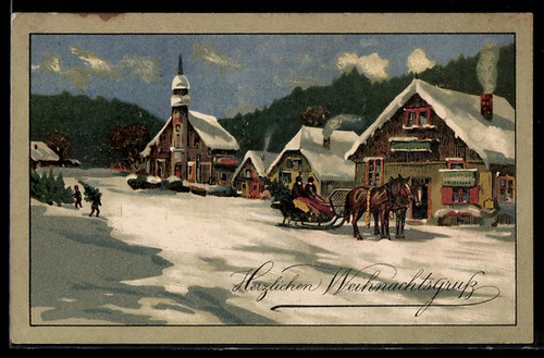 Snowy village scene with