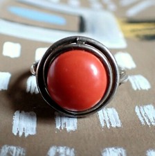 Mediterranean coral silver ring cabochon vintage Unique Designer Ring