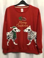 -332 George Sz L 18/20 Red speckled Xmas Jumper Dalmation Dog mistletoe