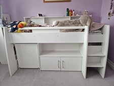 Children's Mid-Sleeper single Bed with pull out desk, storage and mattress 