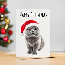 British Shorthair Cat Santa Hat Christmas Card for Animal Lovers