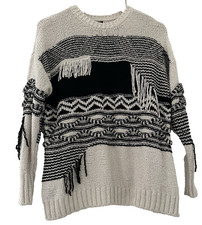 RIVER ISLAND.  IVORY BLACK CHUNKY KNIT FRINGE TRIM JUMPER.  SIZE SMALL