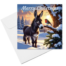 Donkey Christmas Card  (15cm x 15cm) With Envelope, Donkey & Robin