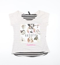 Blind Date Women’s Beige Stripe Dog Print Casual T-Shirt L