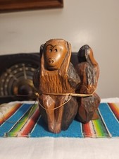 Three Vintade Wise Monkeys Hand Carved Wood Figurine