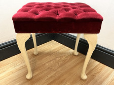 Vintage Red Velvet Vanity Stool Cabriole Legs Button Tufted Seat 1960s