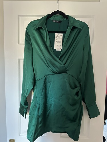 Zara green satin long - satin, sleeve