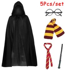 Set of 5 Gryffindor Harry Potter Costume Hooded Cape Scarf Tie Wand Glasses