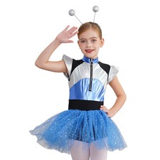Girls Alien Costume Halloween Cosplay Outfits Shiny Metallic Sparkly Tutu Dress