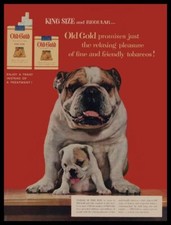 1954 Old Gold Cigarettes New Metal Sign: English Bulldog & Puppy Theme