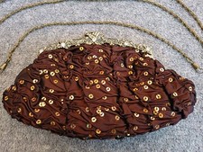 Tafetta Brown Evening  Clutch Bag With Chains & Clasp Fastening. Sequins  Jewels