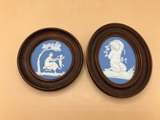 Wedgewood Jasperware Pair Of Plaques Wooden Framed Blue White Cameo Cherub Child