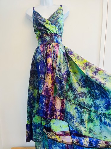 Silk dress green blue long - dress,