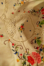 Large Hand Embroidered Banquet Tablecloth with Roses Pattern and Lace Crochet!