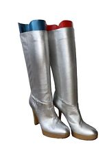 CASADEI SILVER SUPPLE LEATHER WOOD HEEL- PLATFORM BOOTS SIZE 36/37