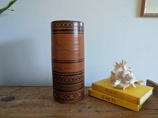 Vintage Hand Painted Column Pottery Clay Vase Brown Black Patterned Mid Century 