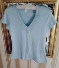 Ladies M&S Pale Sky Blue V-Neck Cotton Top with Embroidered Detail Size 10
