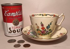 HOLLYHOCKS vtg crown staffordshire teacup saucer english bone china cup flower