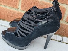 Catwalk, Black Gladiator Peep-toe T Strap Platform Heels Zip UK6, EU39, US8 VGC
